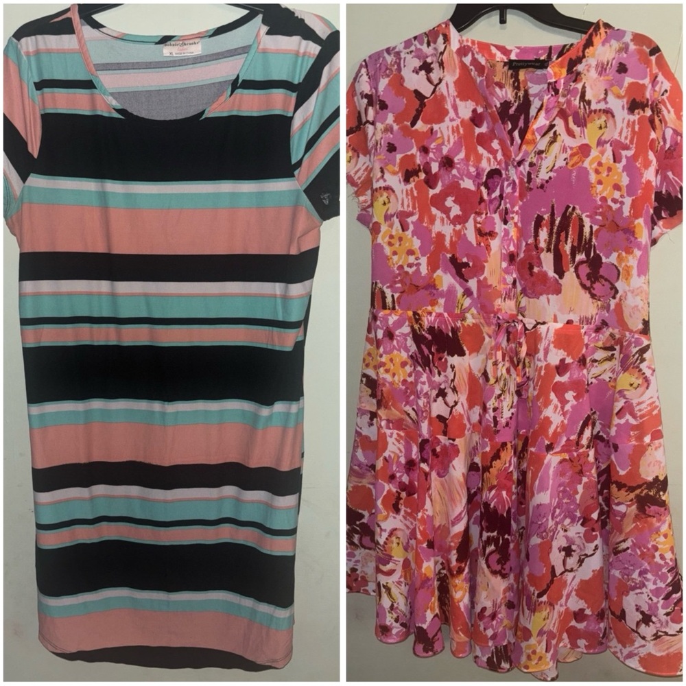 Mini Pink & Orange Floral Pattern A-Line Dress + Teal Striped Casual Dress